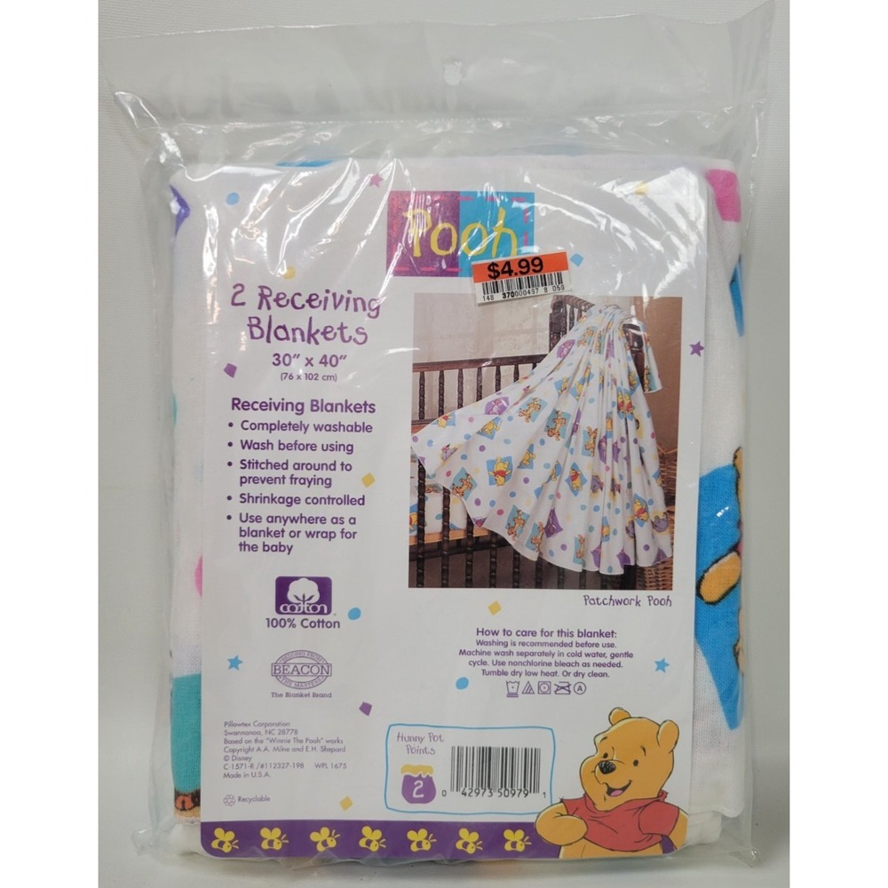 2 Vtg 1990s NIP Winnie the Pooh Receiving‎ Blankets Patchwork Pooh Beacon 30x40